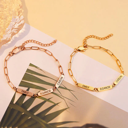National Parents' Day❤Personalized Family Name Bar Bracelet Engraved Charm with a Dainty Paperclip Chain