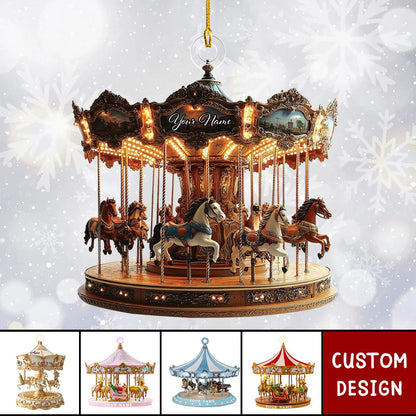 Personalized carousel Christmas ornament with intricate gold details, illuminated horses, and "Your Name" banner, against a snowy background.