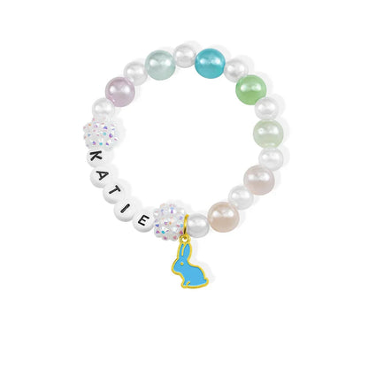 Personalized Cute Pearl Beaded Stretch Name Bracelet with Bunny Charm Easter Gift for Kids