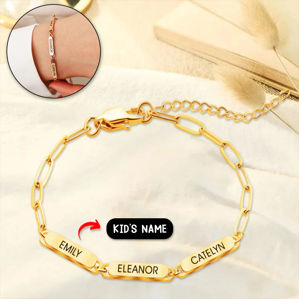 National Parents' Day❤Personalized Family Name Bar Bracelet Engraved Charm with a Dainty Paperclip Chain