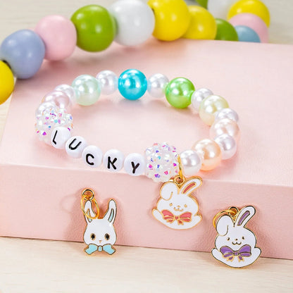 Personalized Cute Pearl Beaded Stretch Name Bracelet with Bunny Charm Easter Gift for Kids