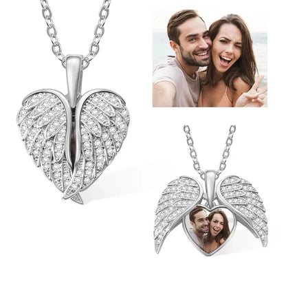 Heart Shape Angel Wing Photo Locket Necklace Anniversary Birthday Gift for Women