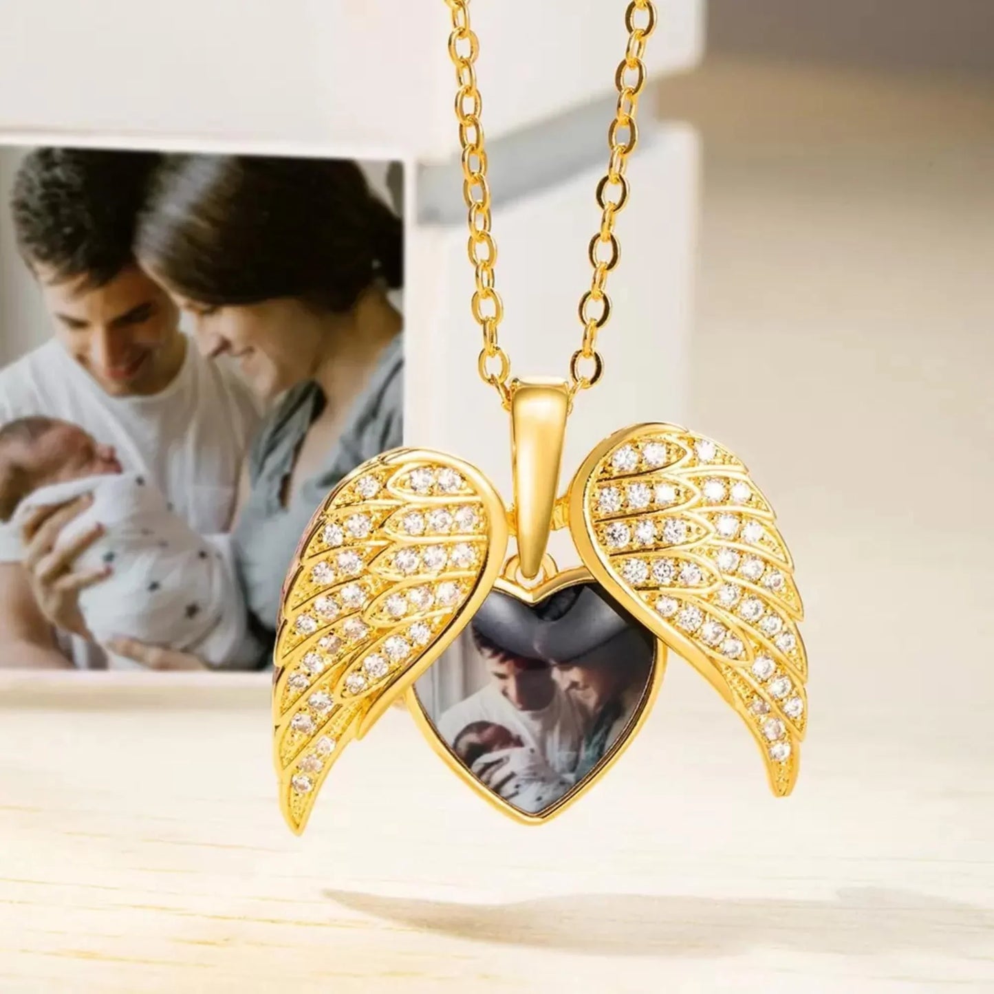 Heart Shape Angel Wing Photo Locket Necklace Anniversary Birthday Gift for Women