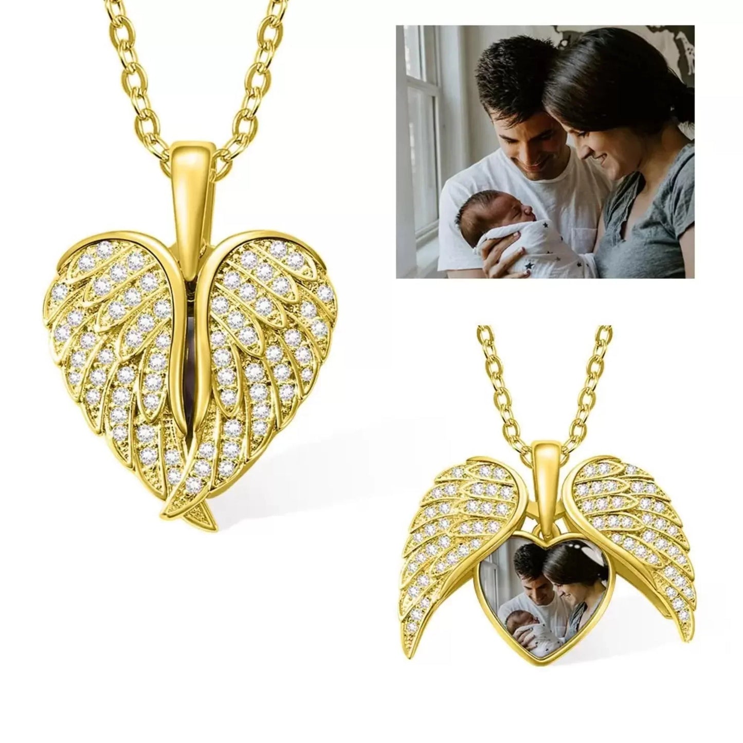 Heart Shape Angel Wing Photo Locket Necklace Anniversary Birthday Gift for Women